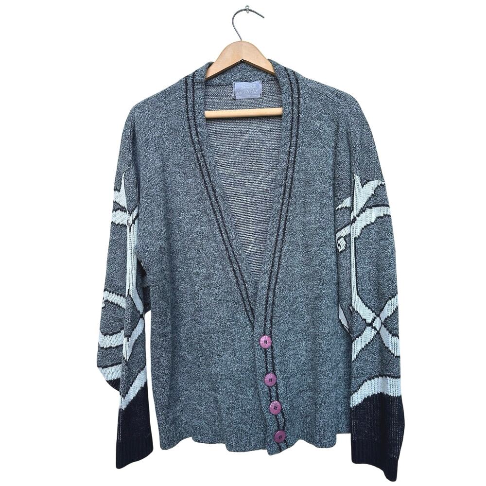 Vintage Le Tigre Cardigan - Size Large - Gray with Pink Buttons
